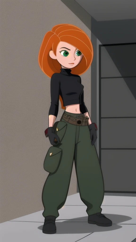 Best_QualityPos, RAW photo, intricate details, best quality, 8k uhd, soft lighting, 1girl, solo, green eyes, orange hair, long hair, black gloves, black turtleneck sweater, crop top, midriff, long sleeves, belt, belt pouch, green cargo pants, black shoes , sexy body , hot