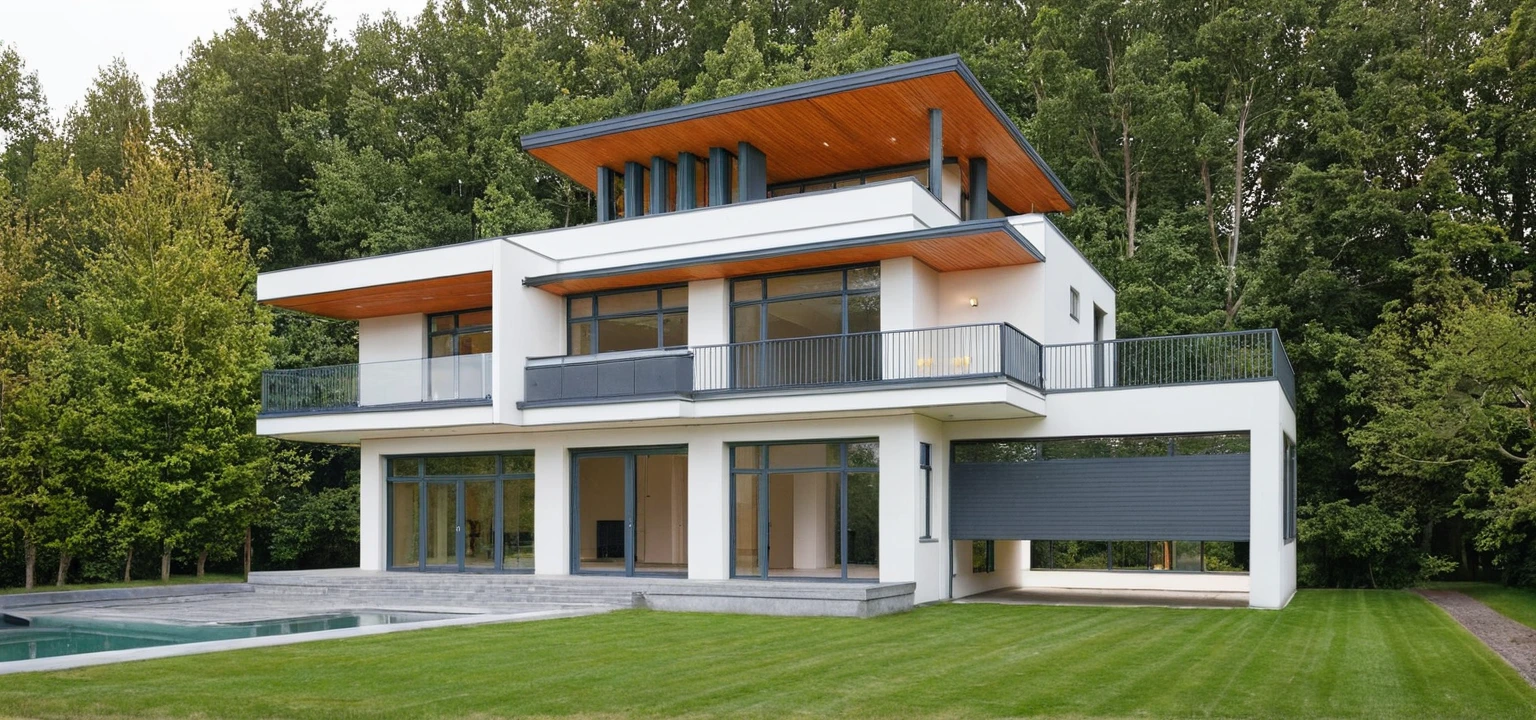 Photo brute,head of'artwork, High quality, best quality, authentique, great detail,
En plein air, modern house style,bietthuhn, white wall, glass windows, Door'entrance,pavement, grass, trees, sky, nuvens, (jour:1.1),