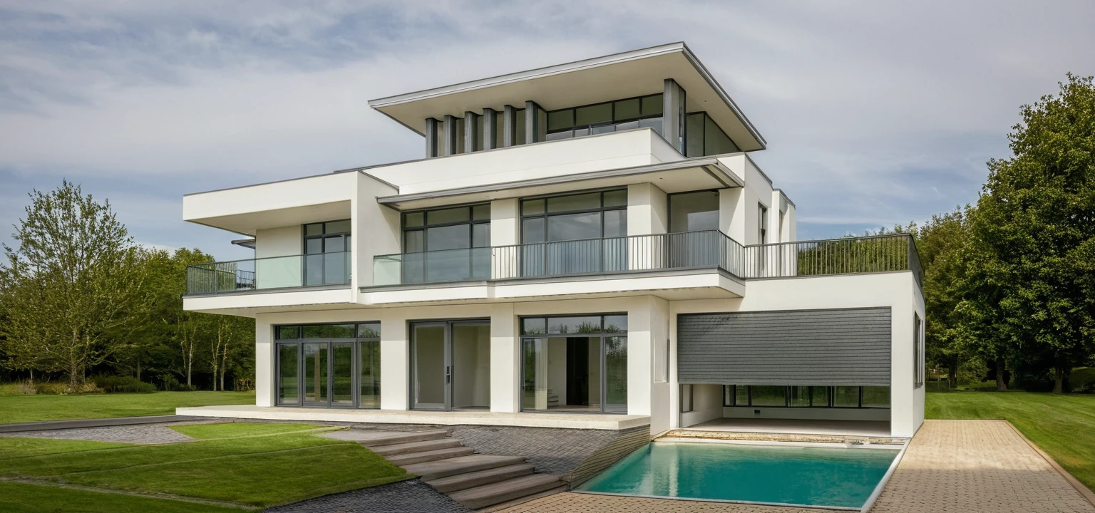 Photo brute,head of'artwork, High quality, best quality, authentique, great detail,
En plein air, modern house style,bietthuhn, white wall, glass windows, Door'entrance,pavement, grass, trees, sky, nuvens, (jour:1.1),