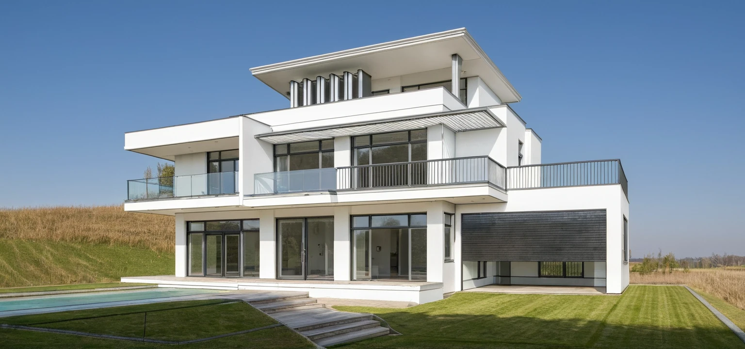 Photo brute,head of'artwork, High quality, best quality, authentique, great detail,
En plein air, modern house style,bietthuhn, white wall, glass windows, Door'entrance,pavement, grass, trees, sky, nuvens, (jour:1.1),