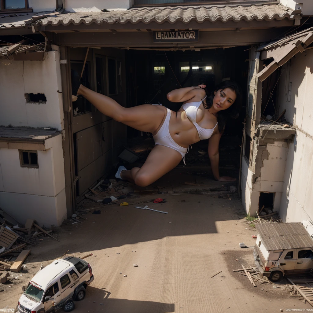 GTS, High-Riesin, g-string, hea, busty, belly, curvy, grin, Rampage, Stadt, destruction, Luftaufnahme shrunken people on the ground