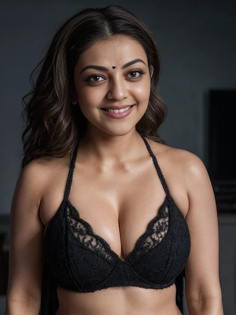 extreme close up photo of sexy kajal Agarwal, big cheeks, curvy, hourglass figure, swooping breasts, deep cleavage, open arms, sexy armpits, seducing in bedroom, ponytail, necklace, see through black bikini, look at viewer and subtle smile, (cinematic:1.3), intricate details, (ArtStation:1.2)