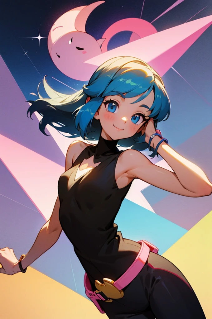 The character in the image appears to be a cartoon of a young woman with long, straight blue hair., big blue eyes. She is wearing an outfit that includes a pink sleeveless top with a black cutout., black pants and a brown belt with a buckle in the shape of "x". The background of the image is pink with shiny details, giving a touch of elegance and charm.

Here is an imaginative description of a similar character:

--- In a world where stars shine both in the sky and in people&#39;s eyes, Long live Luna, a young woman with ethereal beauty and a captivating personality. Your blue hair, that fell like a silk waterfall to her waist, It was as bright as the clearest night. Their eyes, a deep and vibrant blue, captured the attention of everyone around them, reflecting unexplored dreams and mysteries.

Luna loved wearing clothes that highlighted her confidence and adventurous spirit.. Your pink sleeveless top, with an elegant black cutout, highlighted her slender silhouette and soft curves. The fitted black pants and the brown belt with a buckle in the shape of "x" completed her modern, laid-back look. The buckle symbolized the crossing paths in his life, each leading to new adventures and discoveries.

With a cheerful personality and a smile that could light up any room, Luna was the kind of person who turned an ordinary day into something extraordinary.. She had a knack for making friends and inspiring those around her., always encouraging them to pursue their dreams and believe in the impossible. Your natural charm and grace, combined with her stunning appearance, made Luna a true star, both in heaven and on earth.