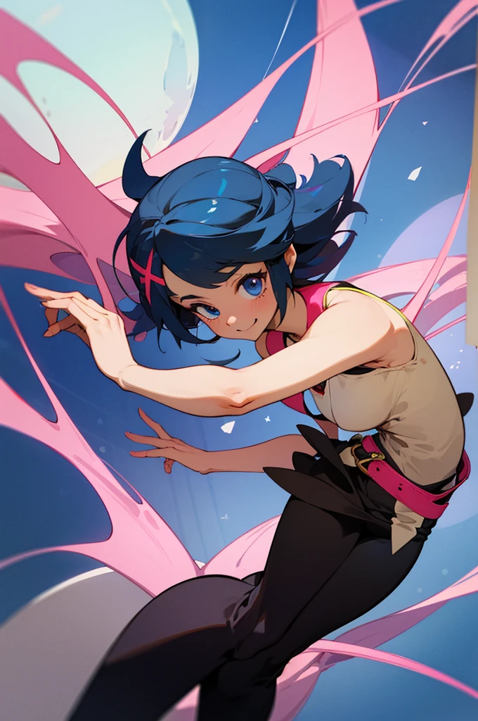 The character in the image appears to be a cartoon of a young woman with long, straight blue hair., big blue eyes. She is wearing an outfit that includes a pink sleeveless top with a black cutout., black pants and a brown belt with a buckle in the shape of "x". The background of the image is pink with shiny details, giving a touch of elegance and charm.

Here is an imaginative description of a similar character:

--- In a world where stars shine both in the sky and in people&#39;s eyes, Long live Luna, a young woman with ethereal beauty and a captivating personality. Your blue hair, that fell like a silk waterfall to her waist, It was as bright as the clearest night. Their eyes, a deep and vibrant blue, captured the attention of everyone around them, reflecting unexplored dreams and mysteries.

Luna loved wearing clothes that highlighted her confidence and adventurous spirit.. Your pink sleeveless top, with an elegant black cutout, highlighted her slender silhouette and soft curves. The fitted black pants and the brown belt with a buckle in the shape of "x" completed her modern, laid-back look. The buckle symbolized the crossing paths in his life, each leading to new adventures and discoveries.

With a cheerful personality and a smile that could light up any room, Luna was the kind of person who turned an ordinary day into something extraordinary.. She had a knack for making friends and inspiring those around her., always encouraging them to pursue their dreams and believe in the impossible. Your natural charm and grace, combined with her stunning appearance, made Luna a true star, both in heaven and on earth.