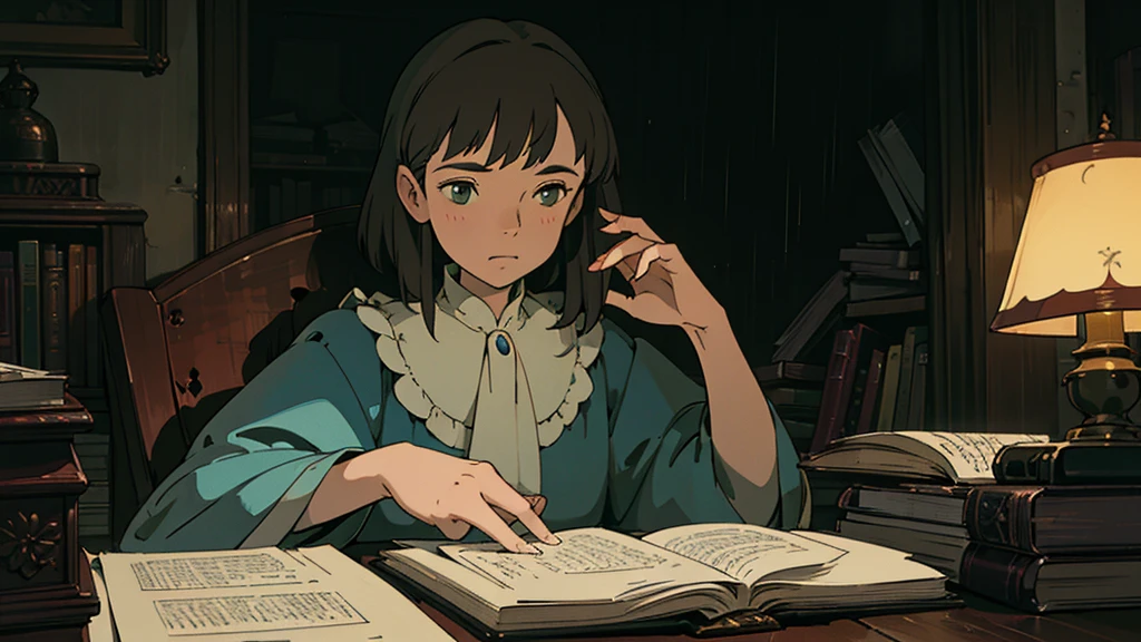 A girl, ensconced in a cozy corner on a rainy evening, sits surrounded by a jumble of books with an intensely profound study attitude. The soft yellow glow of the desk lamp illuminates her thoughtful expression, revealing her deep concentration and composed posture. Her inquisitive eyes dart back and forth between the pages, her nimble fingers turning them with subtle tilt, as she absorbs the old world wisdom contained within. The timeworn margins and sultry aura of the books add to the quiet night ambiance, creating a peaceful and tranquil countenance. This scholarly young woman, clad in plain attire, appears to be a seeker of knowledge and intellect,Width cat