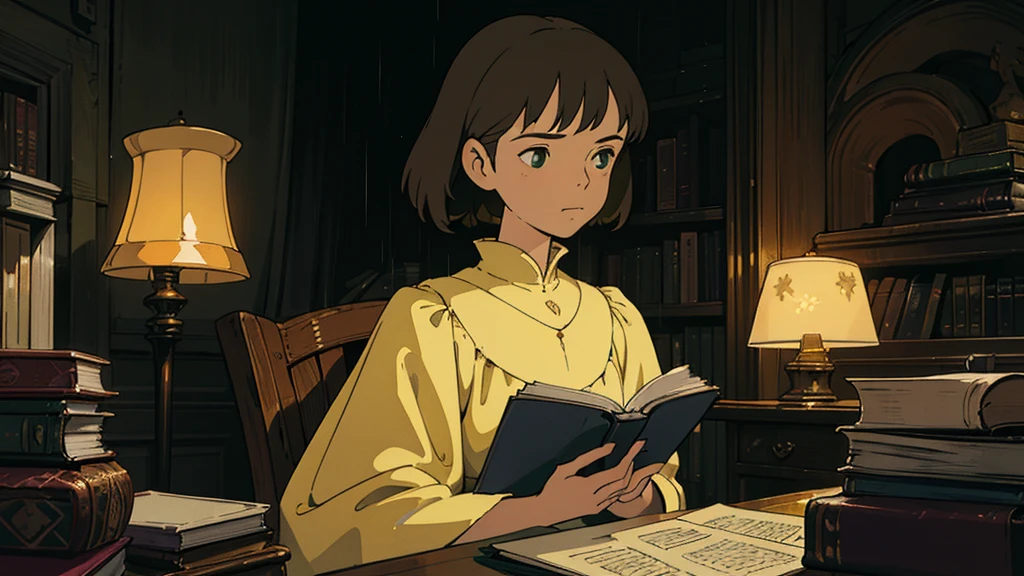 A girl, ensconced in a cozy corner on a rainy evening, sits surrounded by a jumble of books with an intensely profound study attitude. The soft yellow glow of the desk lamp illuminates her thoughtful expression, revealing her deep concentration and composed posture. Her inquisitive eyes dart back and forth between the pages, her nimble fingers turning them with subtle tilt, as she absorbs the old world wisdom contained within. The timeworn margins and sultry aura of the books add to the quiet night ambiance, creating a peaceful and tranquil countenance. This scholarly young woman, clad in plain attire, appears to be a seeker of knowledge and intellect,Width cat