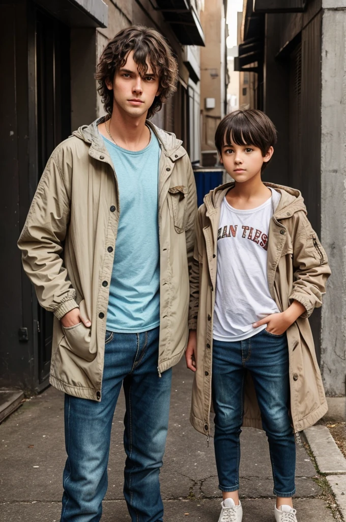 A tall boy with messy hair wears loose jacket standing close with a small teenager girl with short hair looking at his eyes.