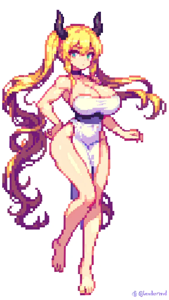 tall girl,devil,barefoot,{{lift one leg}},{{very muscular}},{{very gigantic breasts}} ,{{very curvy}} , ,masterpiece , best quality , pixel art , 1 girl ,{full body},  voluptuous ,twintails,blonde hair ,white dress,white background 