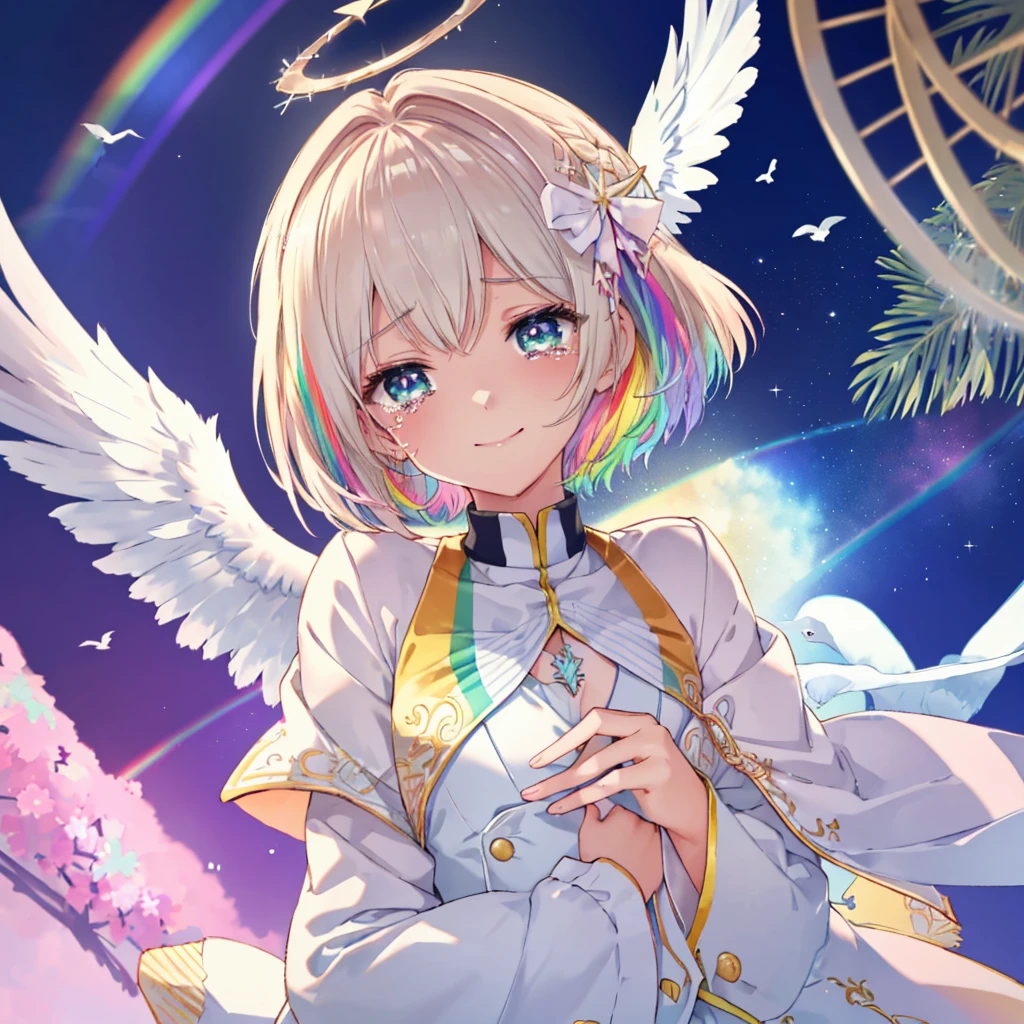 (((Extreme close-up　tears　smile　Low - Angle　Dove of peace　Angel Halo)))　((輝くtears　Rainbow Eyes　Short Hair　Receiving the light　Rainbow light　Place your hand on your chest　Aurora　Stretch your hand out towards me))　(Shining Edge　　Pillar of Light)