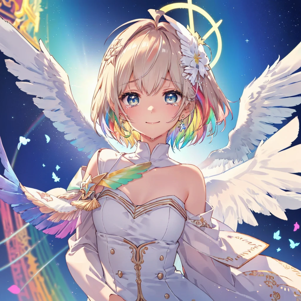 (((Extreme close-up tears smile Low - Angle Dove of peace Angel Halo))) ((輝くtears Rainbow Eyes Short Hair Receiving the light Rainbow light Place your hand on your chest Aurora Stretch your hand out towards me)) (Shining Edge Pillar of Light)
