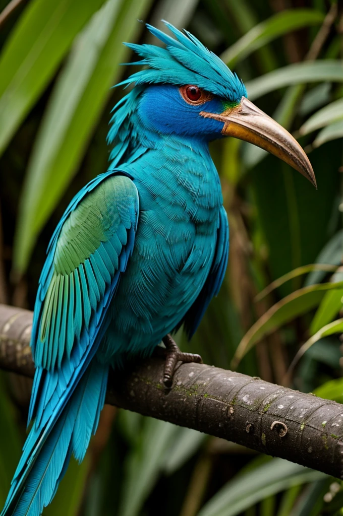 A quetzal bird smoking a pipe with a jungle background