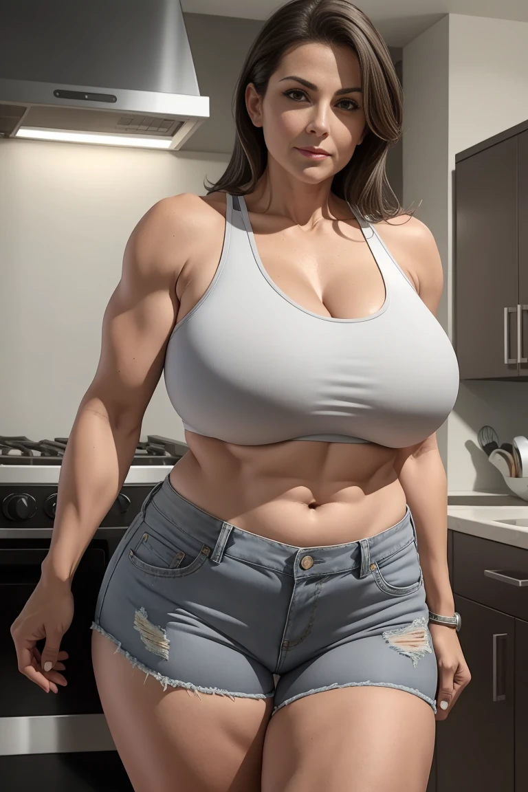 50 year old sexy woman, breasts big, gray and limp hair, new nafw athletic body thick thighs wearing a sports bra and denim shorts