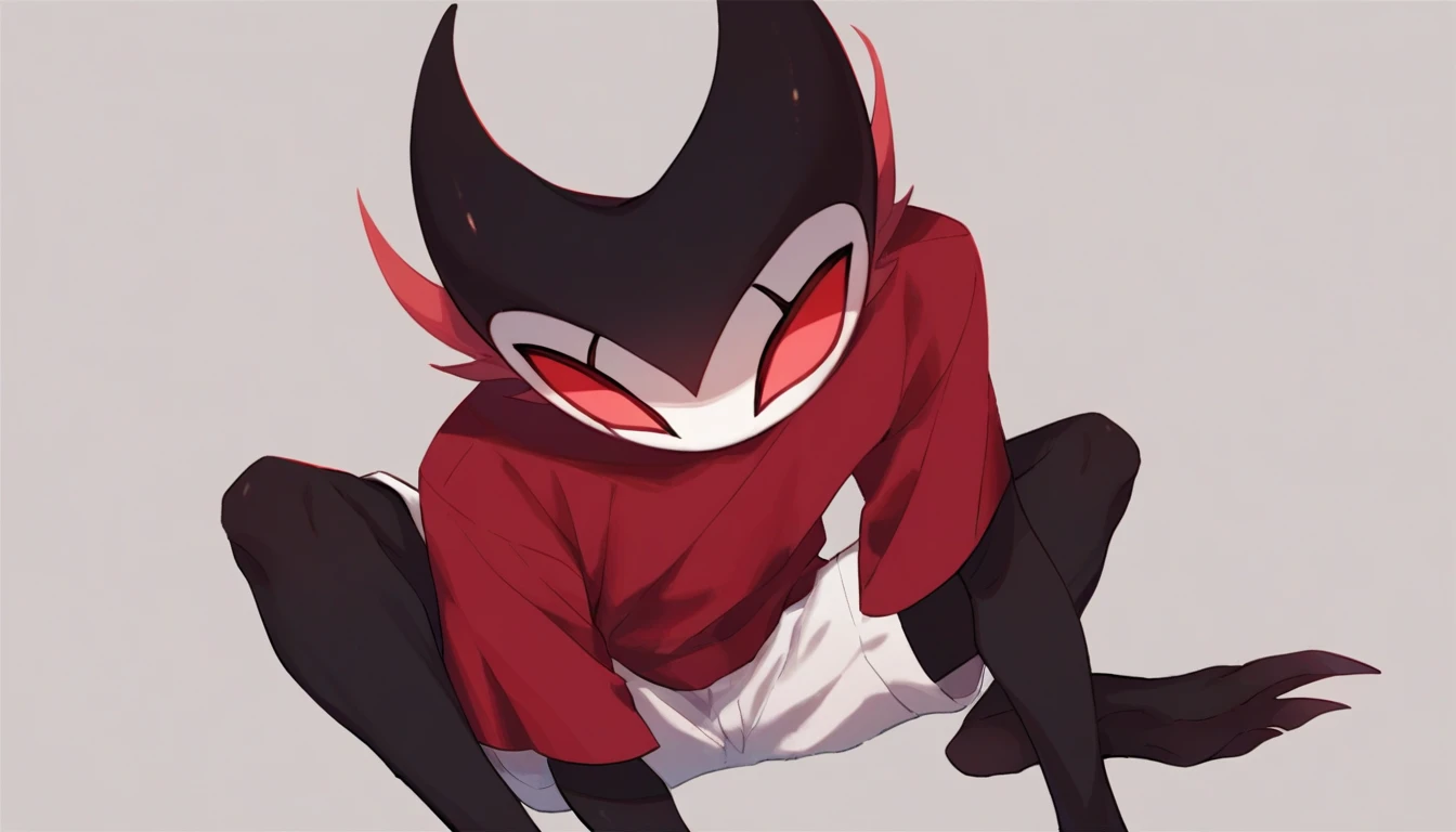 score_9, score_8_up, score_7_up, score_6_up, zPDXL2, grimm \(hollow knight\), vampire, bat, 1boy, solo, cute face, detailed eyes, red t-shirt, white shorts, male focus