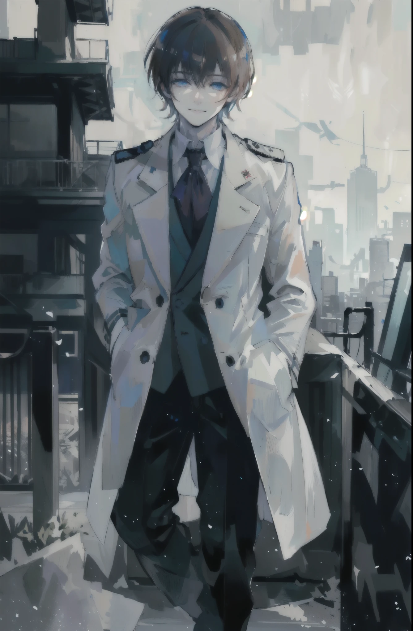 young man, brown hair, blue eyes, smiling, medium hair, wearing a pure white trench coat, wearing black pants, in one city, 4k, detailed, sui ishida art style, detailed eyes,