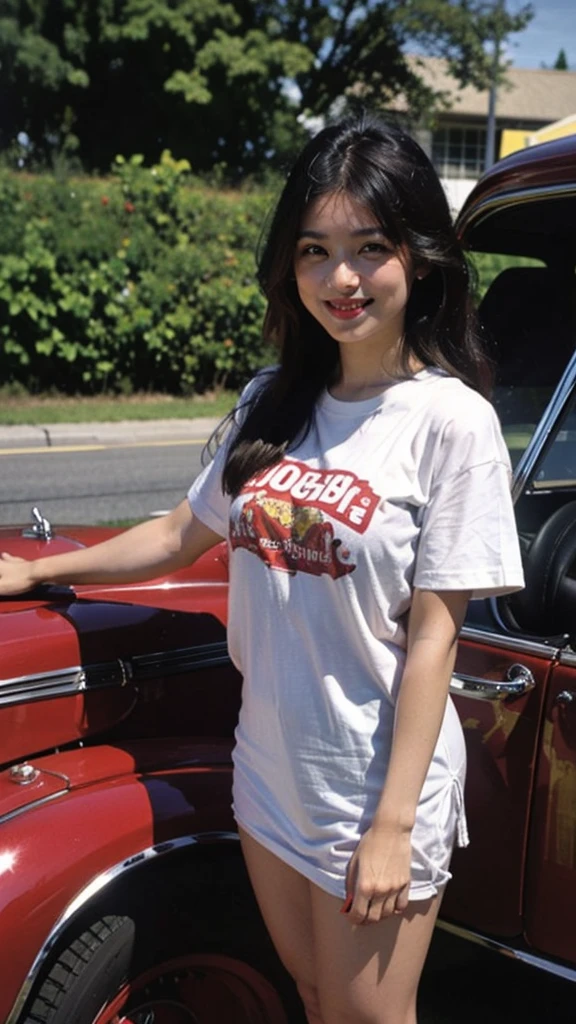 Best quality、超A high resolution、full bodyesbian、Tie-up hair all back girls、Wear a boyfriend-style t-shirt，Stand in front of a red antique car，88 highway background， Cute happy smile