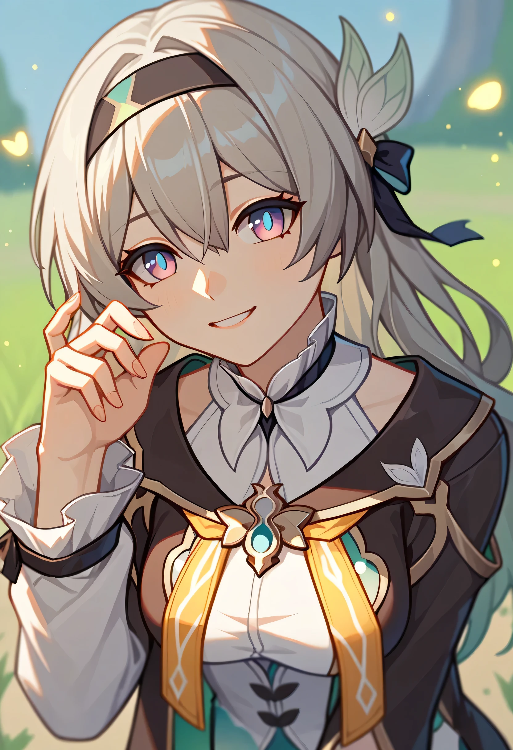 firefly_\(honkai:_star_rail\), 1girl, black_hairband, grey_hair, long_hair, purple_eyes, black_jacket, long_sleeves, hair_between_eyes, white_shirt, very_long_hair