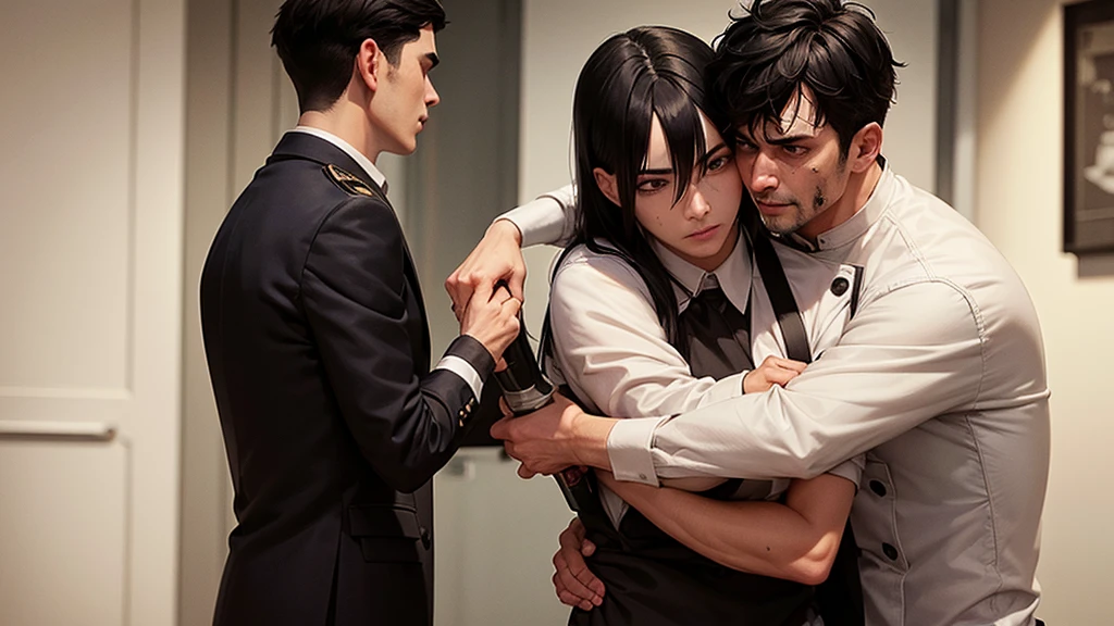 A man with black hair, black eyes, a sadistic face, covered in blood, holding a kitchen knife, wearing a chef's uniform, standing and hugging. The person standing next to him was a man with brown hair, brown eyes, and his face looked frightened. wearing a black suit