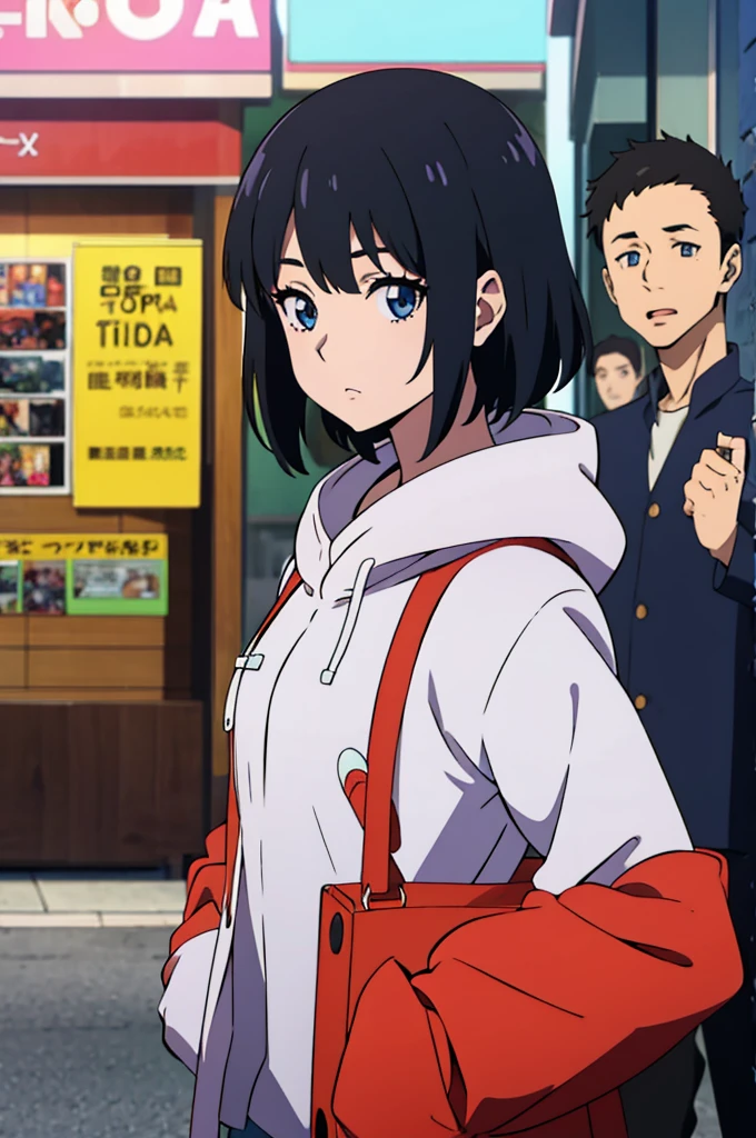 anime album cover, 1girl, kpop idol, black hair, cute