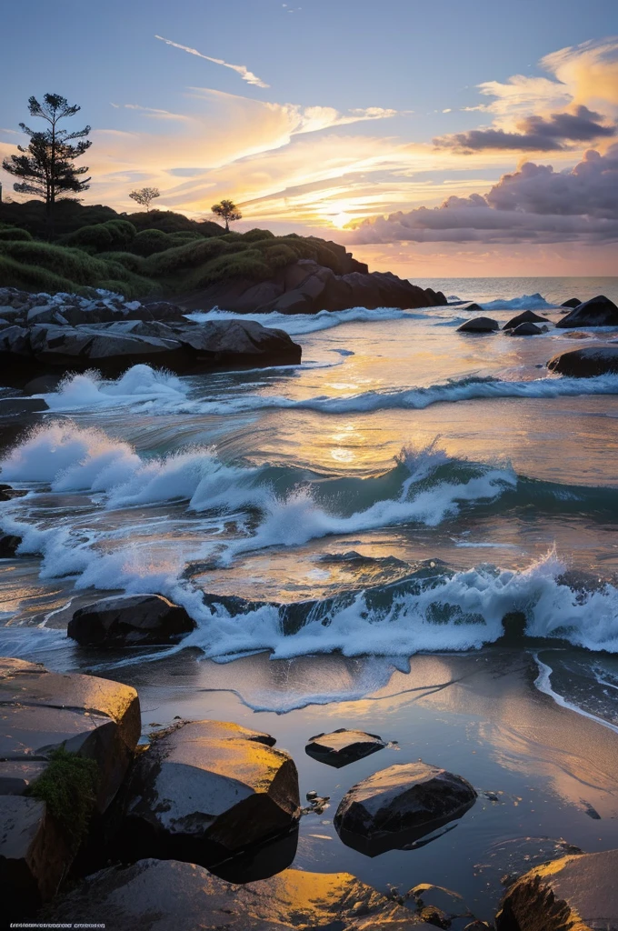 paisaje, beachfront, sunset, mar, cadeira de beachfront, people