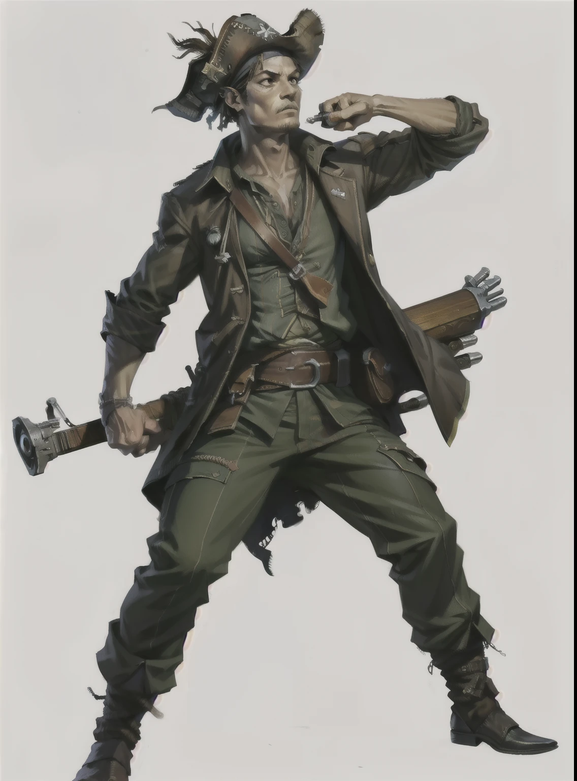 Shooter, old these mixed with precision and half pirate, no back ground, png, com chapeu de cawboy, full body image, and with a rifle in his hand, sniper, looking posture