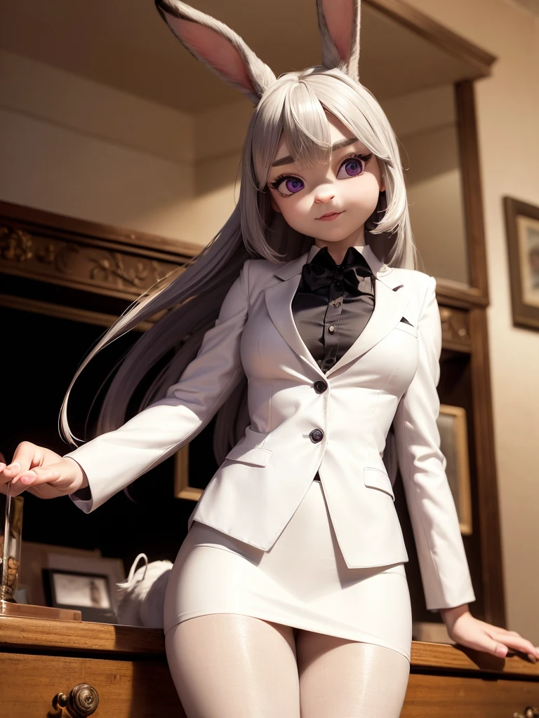 best quality,
masterpiece,
hyper Realistic,
ultra-detailed,
beautiful detailed,
4K，8K，High level,
PIXAR,
Photo real,
Portrait,
Looking at the audience,
background is an office,
Realistic lighting,

anthropomorphic rabbit,
detailed animals,
Complex patterns,
whole body gray felt skin,

(Face is JudyHopps:1.2),
((long straight hair)),
wispy bangs, bangs,
purple eyes,
(arched eyebrows:1.1),
(uplift eyebrows:1.1),
(rabbit ears:1.1),

office lady is wearing suit,
((White blouse)),
((Black blazer jacket)),
((Black skirt)),
clothes made of cotton,

(solo:1.5),
(1 lady:1.5),
one character only
alone,
Perfect Anatomy
