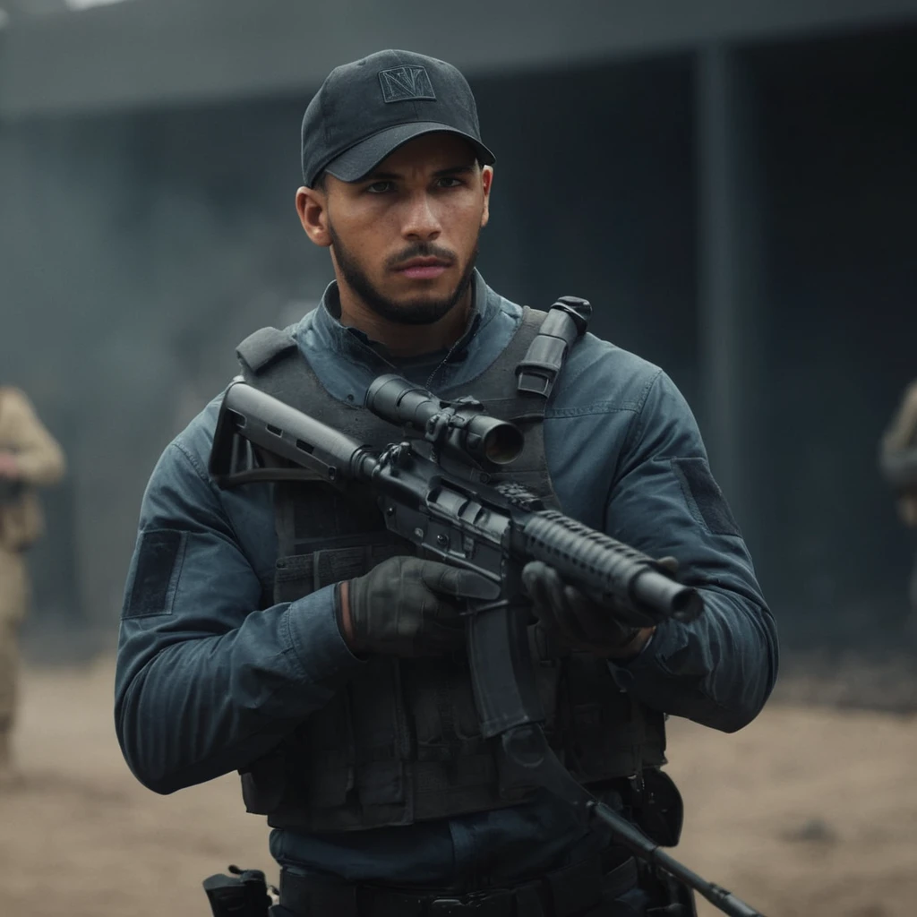 cinematic film still of Kyle Gaz Garrick solo,gloves,1boy,hat,holding,weapon,male focus,holding weapon,uniform,gun,military,facial hair,holding gun,baseball cap,rifle,beard,realistic,assault rifle,trigger discipline,m4 carbine modern warfare style
shallow depth of field, vignette, highly detailed, high budget, bokeh, cinemascope, moody, epic, gorgeous, film grain, grainy