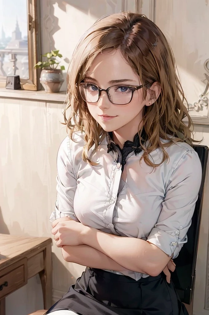Masterpiece, 最high quality, high quality, High resolution, high quality texture, high quality shadows, High resolution, Beautiful details, Detailed CG, Detailed Texture, Realistic representation of face, Realistic, colorful, delicate, Cinematic Light, Side light, Lens flare, Ray Tracing, sharp concentrated, (1 Girl,concentrated:1.3), ( Intricate details, compensate, PureErosFaceV1:0.5), (細部まで美しいdelicateな顔, 緻密で美しいdelicateな瞳, Perfect Facial Proportions, Dense skin, Optimal ratio of four fingers to one thumb,Unified 8k wallpaper, Arms under chest, Modest chest, Wide Hips, Smooth upper abdomen, 35 years old, blue eyes, glasses, air fortress hair, blonde hair, house wife, the gaze of true love, lips of temptation, A look full of compassion ,a smile full of love, i love you, Acting lovey-dovey, I love you so much I'm crazy,
cabin attendant uniform,white blouse,tight fitting black skirt,black stockings, excellent secretary ,working as a secretary, wooden desk, wooden chair