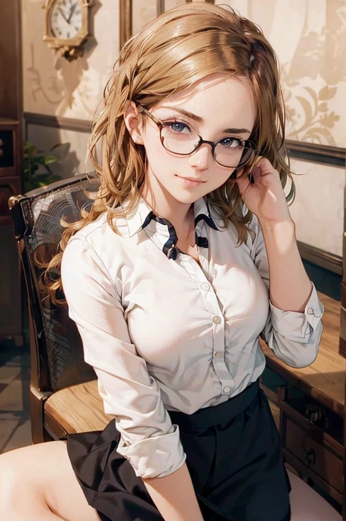 Masterpiece, 最high quality, high quality, High resolution, high quality texture, high quality shadows, High resolution, Beautiful details, Detailed CG, Detailed Texture, Realistic representation of face, Realistic, colorful, delicate, Cinematic Light, Side light, Lens flare, Ray Tracing, sharp concentrated, (1 Girl,concentrated:1.3), ( Intricate details, compensate, PureErosFaceV1:0.5), (細部まで美しいdelicateな顔, 緻密で美しいdelicateな瞳, Perfect Facial Proportions, Dense skin, Optimal ratio of four fingers to one thumb,Unified 8k wallpaper, Arms under chest, Modest chest, Wide Hips, Smooth upper abdomen, 35 years old, blue eyes, glasses, air fortress hair, blonde hair, house wife, the gaze of true love, lips of temptation, A look full of compassion ,a smile full of love, i love you, Acting lovey-dovey, I love you so much I'm crazy,

cabin attendant uniform,white blouse,tight fitting black skirt,black stockings, excellent secretary ,working as a secretary, wooden desk, wooden chair