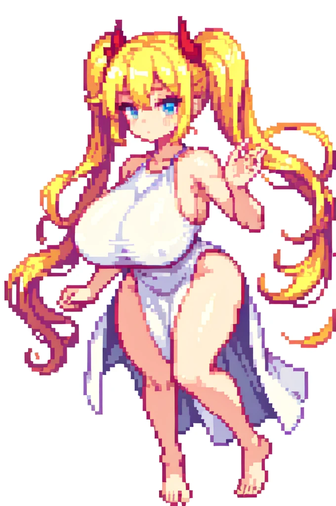 devil,barefoot,{{lift one leg}},{{very muscular}},{{very gigantic breasts}} ,{{very curvy}} , ,masterpiece , best quality , pixel art , 1 girl ,{full body},  voluptuous ,twintails,blonde hair ,white dress,white background 