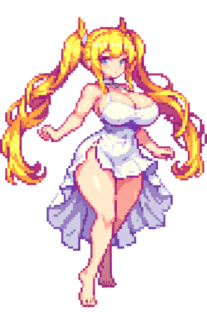 devil,barefoot,{{lift one leg}},{{very muscular}},{{very gigantic breasts}} ,{{very curvy}} , ,masterpiece , best quality , pixel art , 1 girl ,{full body},  voluptuous ,twintails,blonde hair ,white dress,white background 