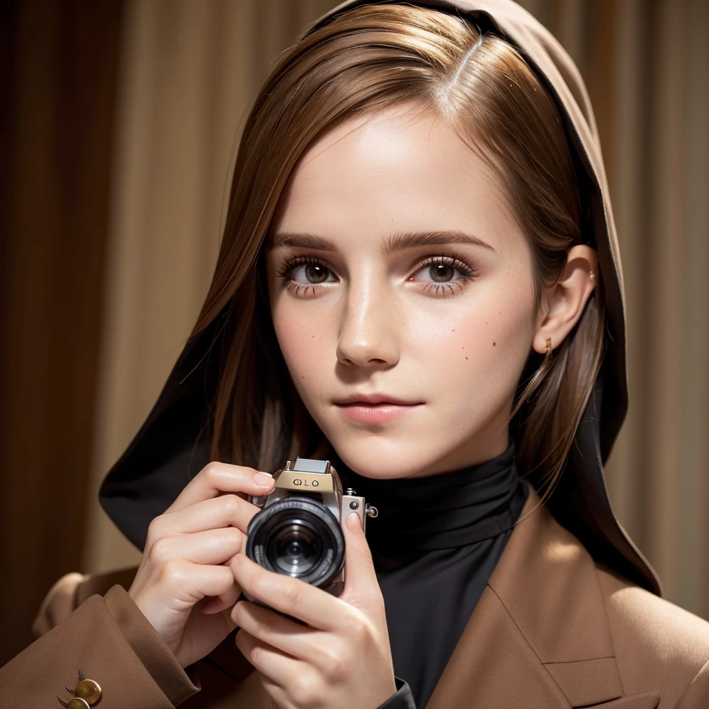Close-up of a woman in a brown suit taking a photo, Emma Watson portrait, portrait of Emma Watson, clear portrait of Emma Watson, portrait photo of Emma Watson, Emma Watson as driada, Emma Watson modeling for gucci, karol bak of Emma Watson nun, Emma Watson, Emma!! Watson!!, photo of Emma Watson, with the face of Emma Watson