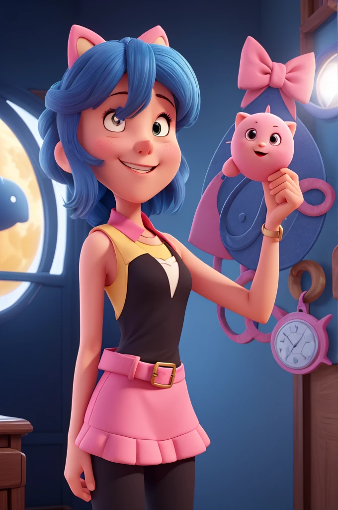 The character in the image appears to be a cartoon of a young woman with long, straight blue hair., big blue eyes. She is wearing an outfit that includes a pink sleeveless top with a black cutout., black pants and a brown belt with a buckle in the shape of "x". The background of the image is pink with shiny details, giving a touch of elegance and charm.

Here is an imaginative description of a similar character:

--- In a world where stars shine both in the sky and in people&#39;s eyes, Long live Luna, a young woman with ethereal beauty and a captivating personality. Your blue hair, that fell like a silk waterfall to her waist, It was as bright as the clearest night. Their eyes, a deep and vibrant blue, captured the attention of everyone around them, reflecting unexplored dreams and mysteries.

Luna loved wearing clothes that highlighted her confidence and adventurous spirit.. Your pink sleeveless top, with an elegant black cutout, highlighted her slender silhouette and soft curves. The fitted black pants and the brown belt with a buckle in the shape of "x" completed her modern, laid-back look. The buckle symbolized the crossing paths in his life, each leading to new adventures and discoveries.

With a cheerful personality and a smile that could light up any room, Luna was the kind of person who turned an ordinary day into something extraordinary.. She had a knack for making friends and inspiring those around her., always encouraging them to pursue their dreams and believe in the impossible. Your natural charm and grace, combined with her stunning appearance, made Luna a true star, both in heaven and on earth.