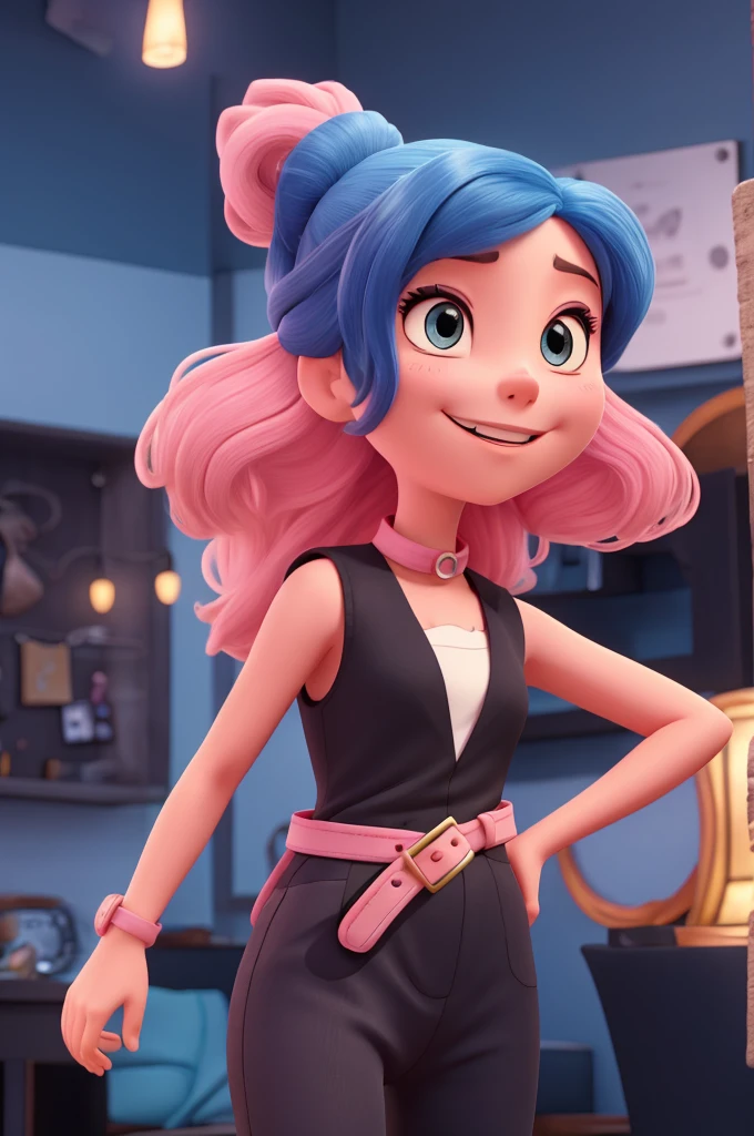 The character in the image appears to be a cartoon of a young woman with long, straight blue hair., big blue eyes. She is wearing an outfit that includes a pink sleeveless top with a black cutout., black pants and a brown belt with a buckle in the shape of "x". The background of the image is pink with shiny details, giving a touch of elegance and charm.

Here is an imaginative description of a similar character:

--- In a world where stars shine both in the sky and in people&#39;s eyes, Long live Luna, a young woman with ethereal beauty and a captivating personality. Your blue hair, that fell like a silk waterfall to her waist, It was as bright as the clearest night. Their eyes, a deep and vibrant blue, captured the attention of everyone around them, reflecting unexplored dreams and mysteries.

Luna loved wearing clothes that highlighted her confidence and adventurous spirit.. Your pink sleeveless top, with an elegant black cutout, highlighted her slender silhouette and soft curves. The fitted black pants and the brown belt with a buckle in the shape of "x" completed her modern, laid-back look. The buckle symbolized the crossing paths in his life, each leading to new adventures and discoveries.

With a cheerful personality and a smile that could light up any room, Luna was the kind of person who turned an ordinary day into something extraordinary.. She had a knack for making friends and inspiring those around her., always encouraging them to pursue their dreams and believe in the impossible. Your natural charm and grace, combined with her stunning appearance, made Luna a true star, both in heaven and on earth.