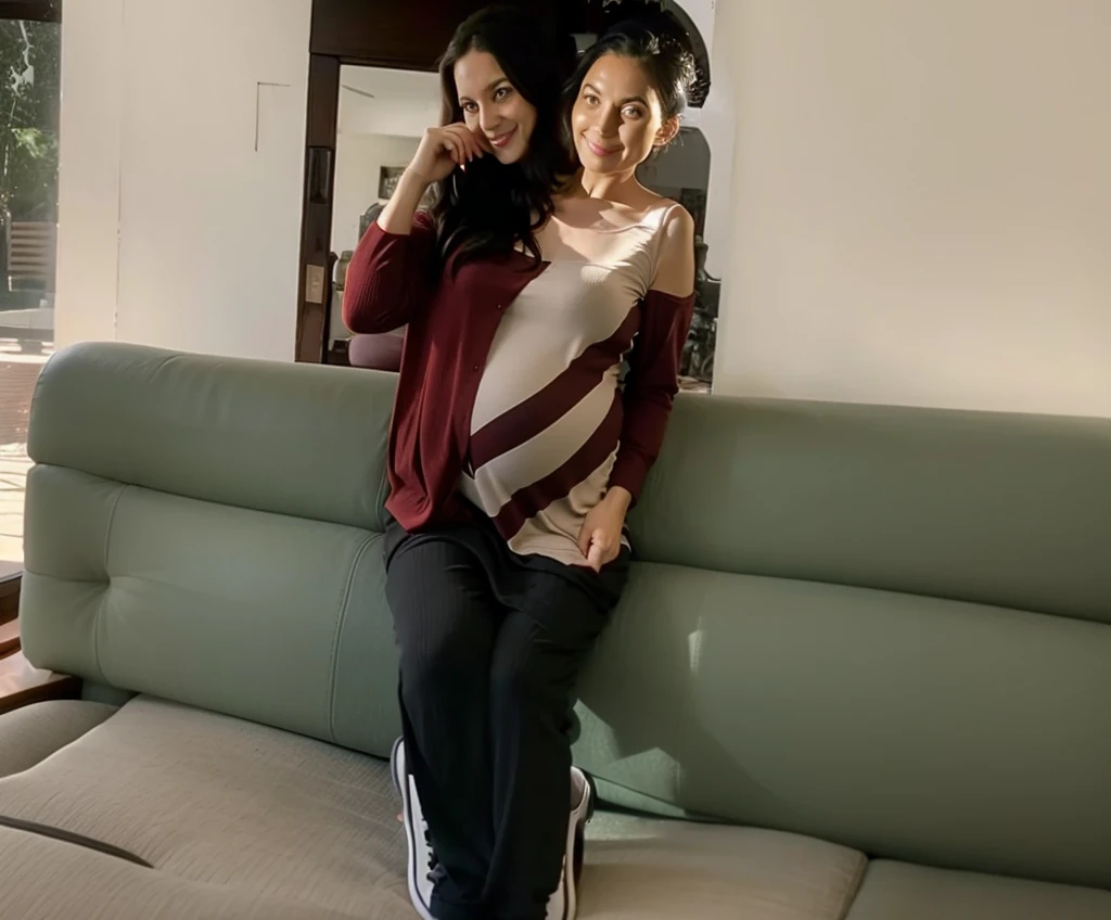 2 heads, Two mothers, 36 years old, During pregnancy, Curvy, Casual Dresses, sneakers, Happy, Sitting on the couch,