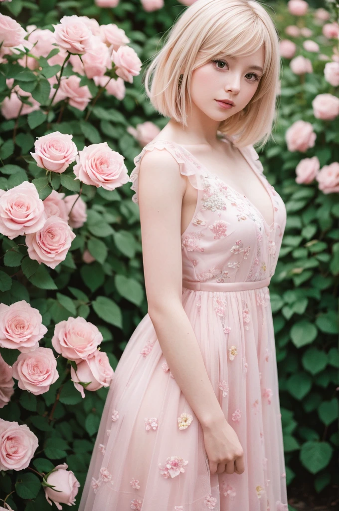 8K, RAW Photos, Fujifilm, Avril-like style photo of a beautiful young woman in a garden of pale pink roses (Highly detailed skin: 1.2) Style Petal Break Short Hair, Blonde and colored hair, Wearing a dress, Film Granulation, 35mm, Cute Style