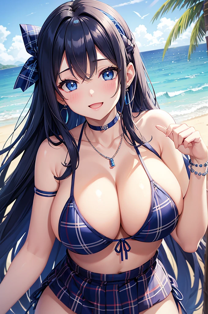 Highest quality、Highest quality、masterpiece、Beauty(Age 25)、(8K),Navy blue long hair、blue eyes、Sexy plaid bikini、Big cleavage、(Big Breasts),smile、blue necklace、Blue Earrings、background(Beach)、Please open your mouth wide、Plaid headband、bracelet、Chest-pushing pose、Blue choker