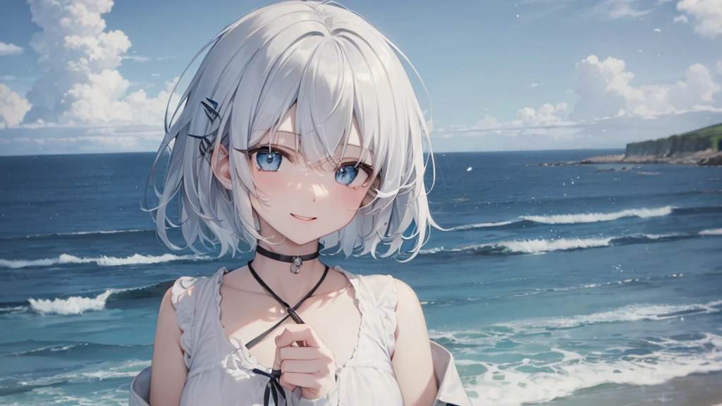Her eyes were shining、Mysterious and enchanting atmosphere。With AI Painting、とてもShort Hair, Long bangs between the eyes, Very detailed,(masterpiece、Highest quality)、alone、Gray Hair、Fantasy, Silver Hair, Fantasyな風景、White shirt、smile、Open your mouth、Scarf、short hair、Short Hair、hairpin、black eye、Grey Eyes、Beautiful Eyes