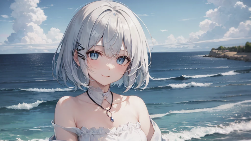 Her eyes were shining、Mysterious and enchanting atmosphere。With AI Painting、とてもShort Hair, Long bangs between the eyes, Very detailed,(masterpiece、Highest quality)、alone、Gray Hair、Fantasy, Silver Hair, Fantasyな風景、White shirt、smile、Open your mouth、Scarf、short hair、Short Hair、hairpin、black eye、Grey Eyes、Beautiful Eyes