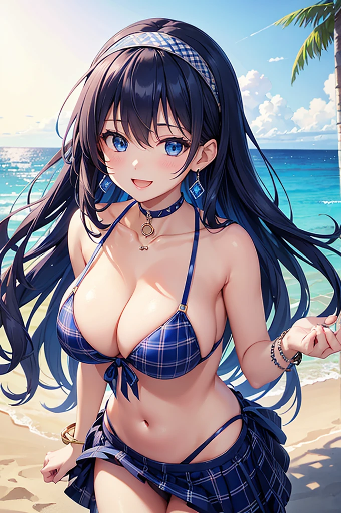 Highest quality、Highest quality、masterpiece、Beauty(Age 25)、(8K),Navy blue long hair、blue eyes、Sexy plaid bikini、Big cleavage、(Big Breasts),smile、blue necklace、Blue Earrings、background(Beach)、Please open your mouth wide、Plaid headband、bracelet、Chest-pushing pose、Blue choker
