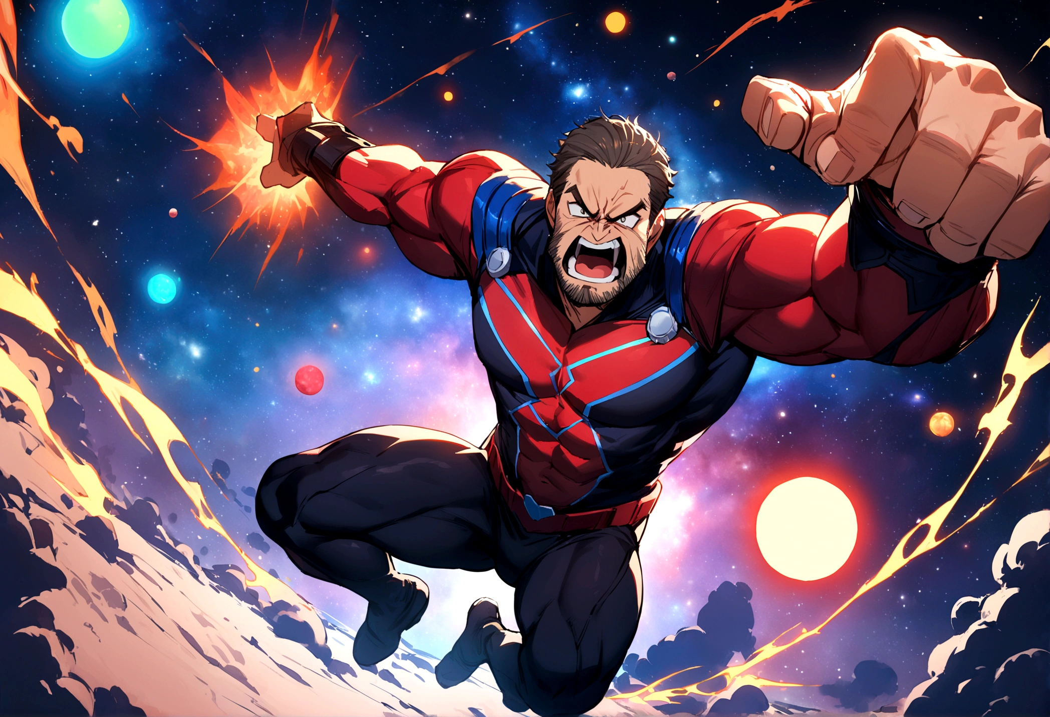 1man, masterpiece, best quality, detailed background, solo, full body, facial hair, muscular male, tight Super Hero Outfit, anger, yelling, furious supernatural power glowing, Space, Outer space, Vibrant Colorful planets, depth of field
