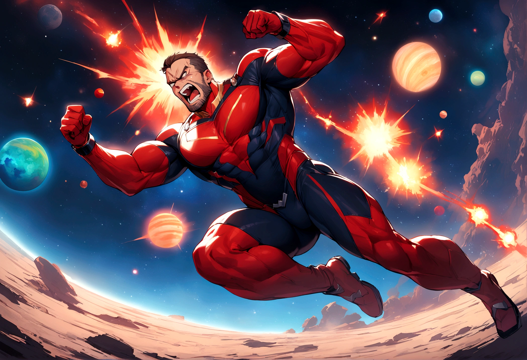 1man, masterpiece, best quality, detailed background, solo, full body, facial hair, muscular male, tight Super Hero Outfit, anger, yelling, furious supernatural power glowing, Space, Outer space, Vibrant Colorful planets, depth of field