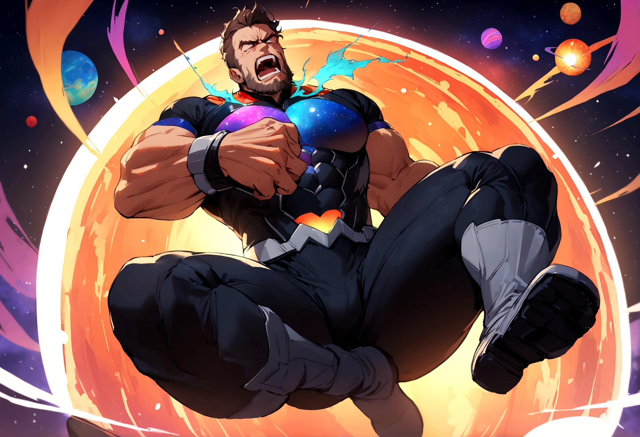 1man, masterpiece, best quality, detailed background, solo, full body, facial hair, muscular male, tight Super Hero Outfit, anger, yelling, furious supernatural power glowing, Space, Outer space, Vibrant Colorful planets, depth of field