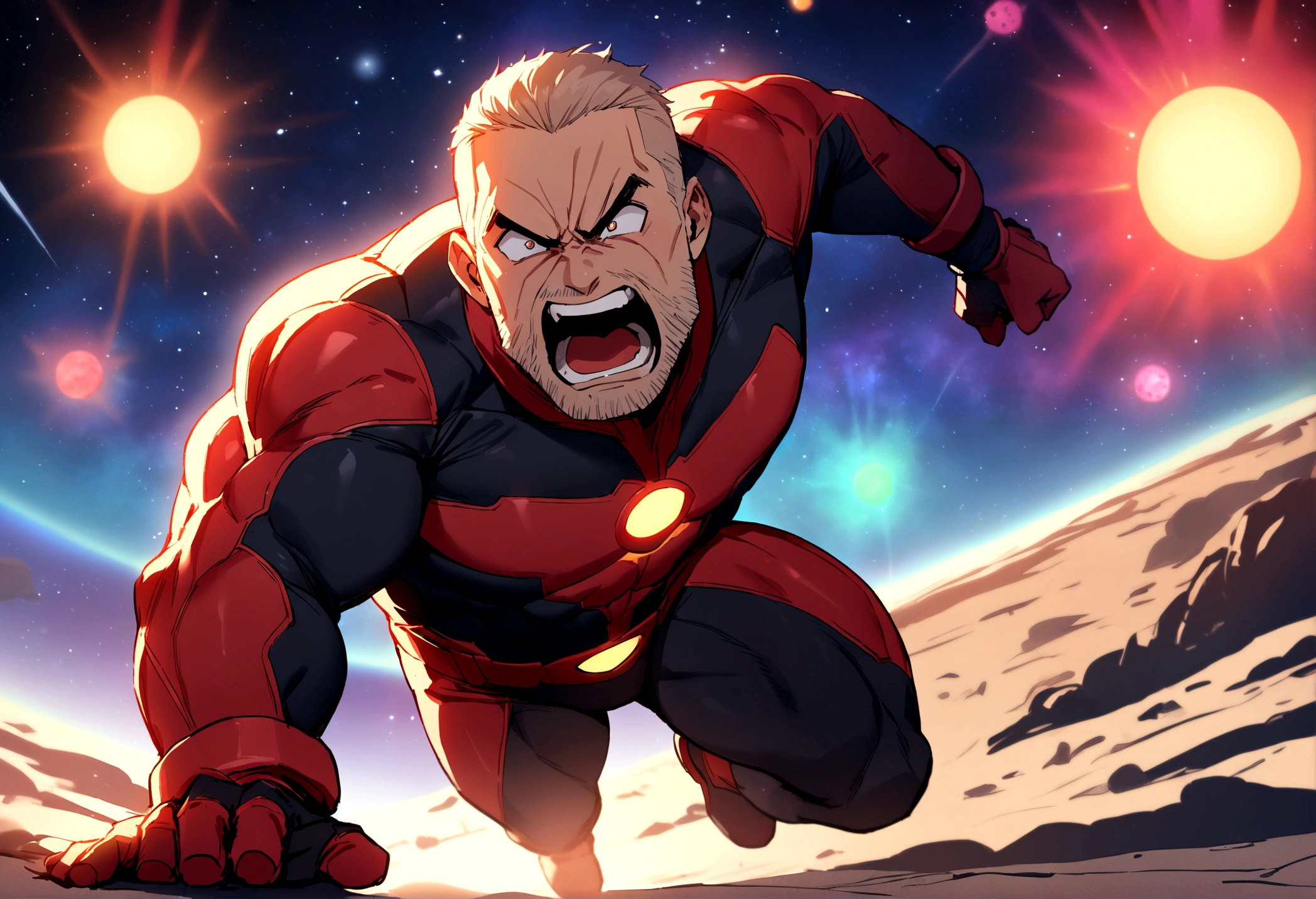 1man, masterpiece, best quality, detailed background, solo, full body, facial hair, muscular male, tight Super Hero Outfit, anger, yelling, furious supernatural power glowing, Space, Outer space, Vibrant Colorful planets, depth of field