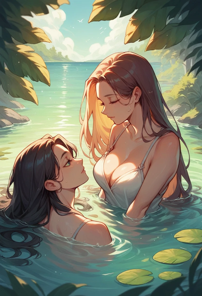 Maidens bathing, hug, kiss, lesbian