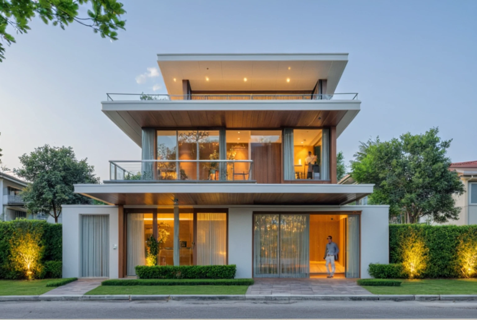 head of'artwork, High quality, best quality, authentique, great detail, En plein air, villa de plain-piedXL, credit group, style de maison moderne dans la rue ,stairs, white wall ,road,pavement, grass, trees, sky, nuvens, (day light:1.1)