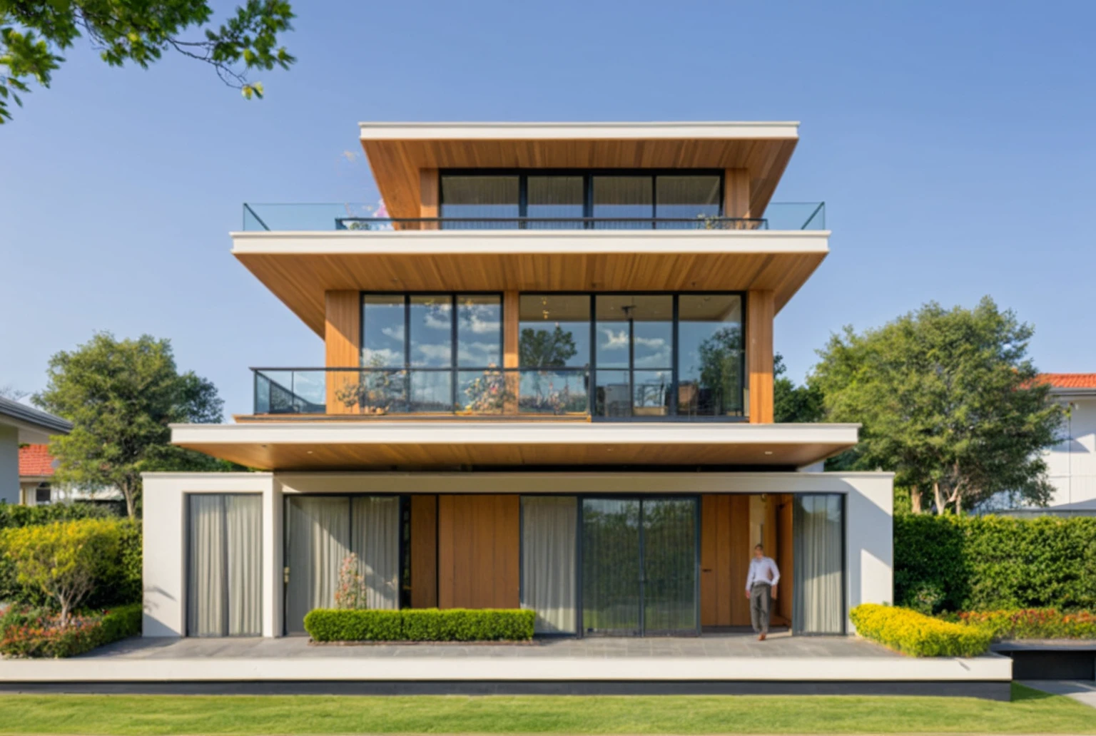 head of'artwork, High quality, best quality, authentique, great detail, En plein air, villa de plain-piedXL, credit group, style de maison moderne dans la rue ,stairs, white wall ,road,pavement, grass, trees, sky, nuvens, (day light:1.1)