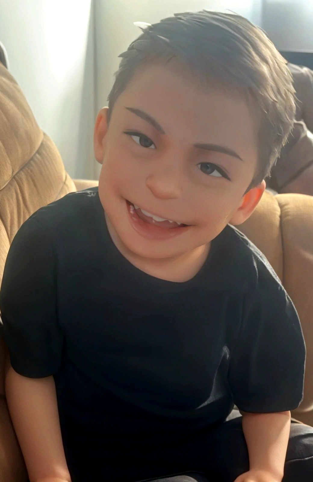 Boy sitting on a couch with a remote control in hand, boy has short black hair, , the jaws that bite, smiling happily at the camera, a disney pixar style boy, high qualiy, best qualityer