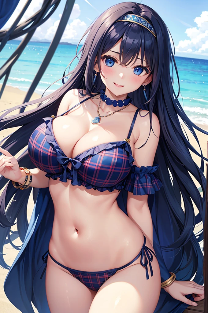 Highest quality、Highest quality、masterpiece、Beauty(Age 25)、(8K),Navy blue long hair、blue eyes、Sexy plaid bikini、Big cleavage、(Big Breasts),smile、blue necklace、Blue Earrings、background(Beach)、Please open your mouth wide、Plaid headband、bracelet、Chest-pushing pose、Blue choker