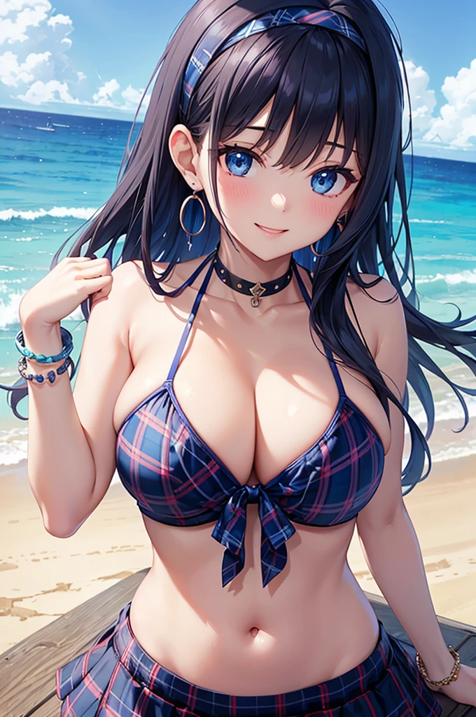Highest quality、Highest quality、masterpiece、Beauty(Age 25)、(8K),Navy blue long hair、blue eyes、Sexy plaid bikini、Big cleavage、(Big Breasts),smile、blue necklace、Blue Earrings、background(Beach)、Please open your mouth wide、Plaid headband、bracelet、Chest-pushing pose、Blue choker