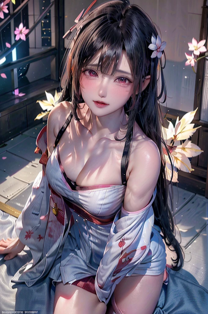 (((nsfw))),logo、masterpiece、8k、table top、RAW photo、wonderful、最high quality、Photorealistic and hvery detailed CG integrated 8k wallpaper、high quality、very detailed、narrative poem、particle effects、dynamic effects、Depth of the bounds written、cinematic light、Lens flare、ray tracing)、fantasy、 (1 beautiful woman、white kimono、Japan Dresses、white cherry blossom pattern、White cherry blossom embroidery pattern、black haired、beautiful face、real face、beautiful details eyes beautiful skin)、Hair flutters in Wind、hair bounces、pink cherry tree、petals dance、SakuraFubuki、Spectacular view、sunrise、sun on background、Wind、god々、tooth、god story、vast land、
